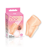 The image shows a boxed product called "The 9's Base Boost Cock Ring" by the brand Base Boost. The pink and white packaging features an illustration of the cock ring, which is made from body-safe TPE. It markets enhanced pleasure, stronger erections, and prolonged orgasms.